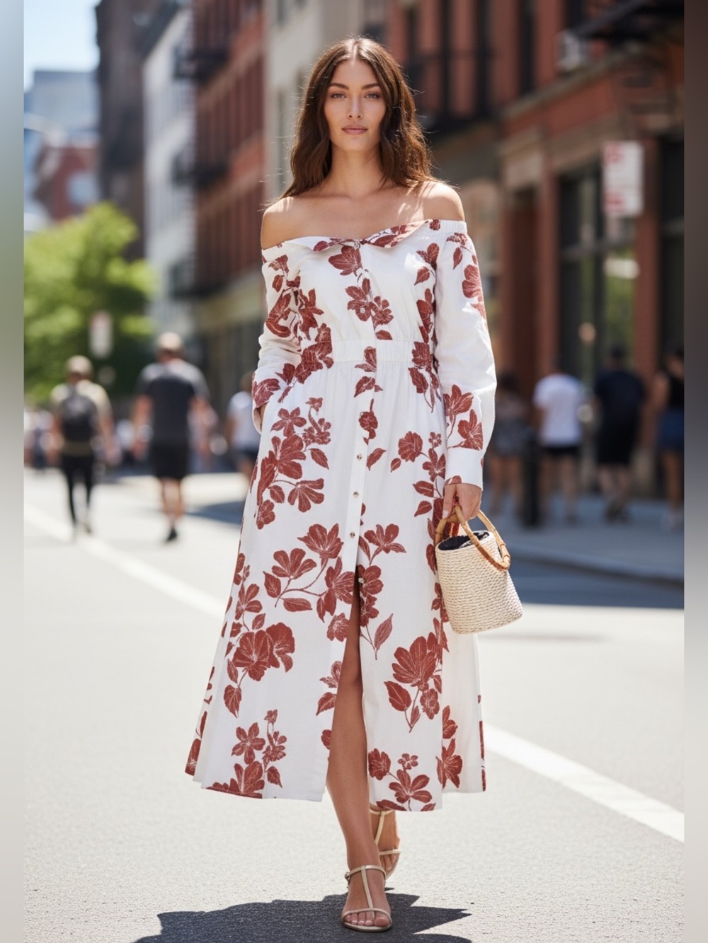 Banana Republic Red Floral Off-The-Shoulder Cotton Poplin Maxi Shirt Dress L NWT